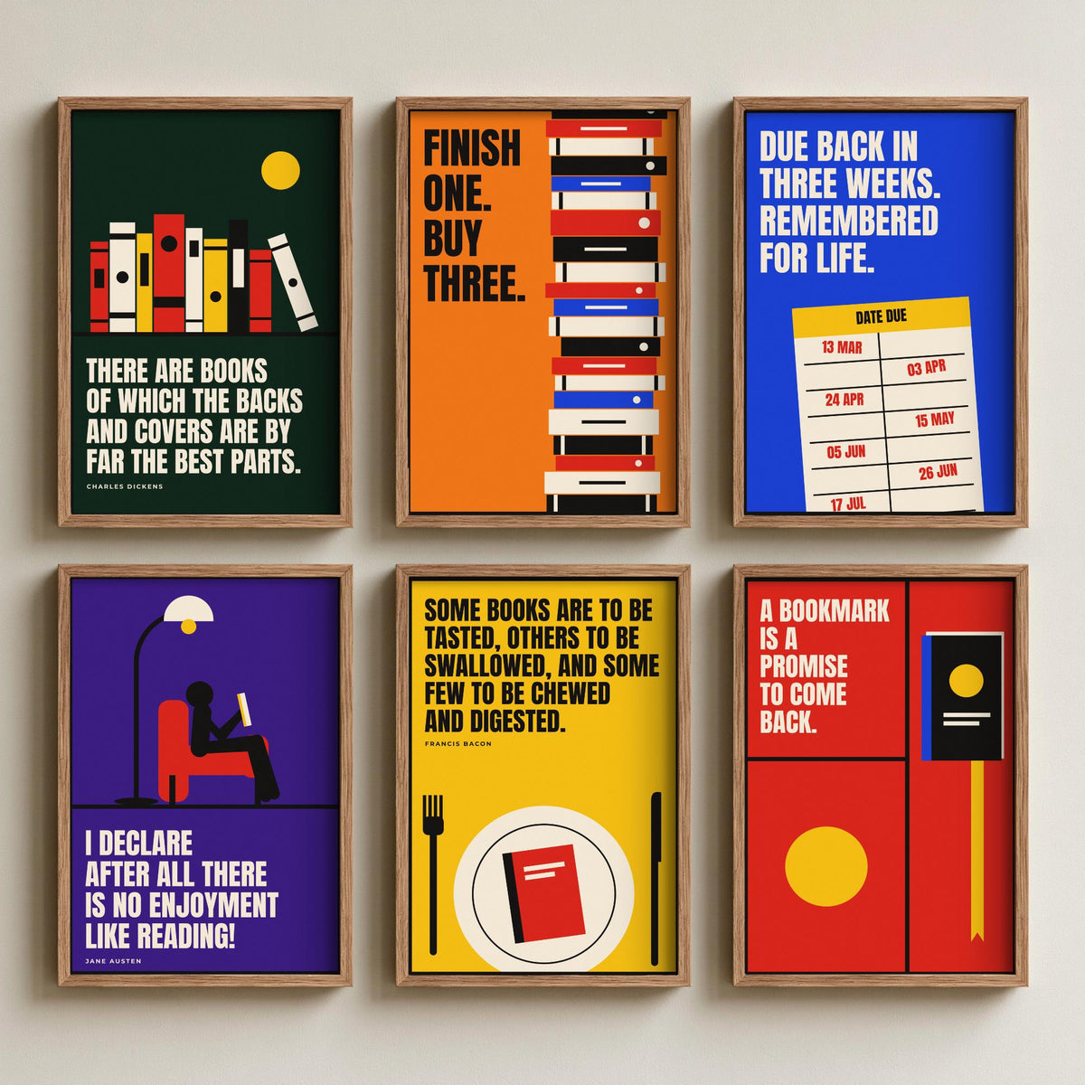 Set of Six Reading Quote Art Prints - 6 Bauhaus Book Lover Posters - Minimalist Library Illustration - Books, Bookmark, Library