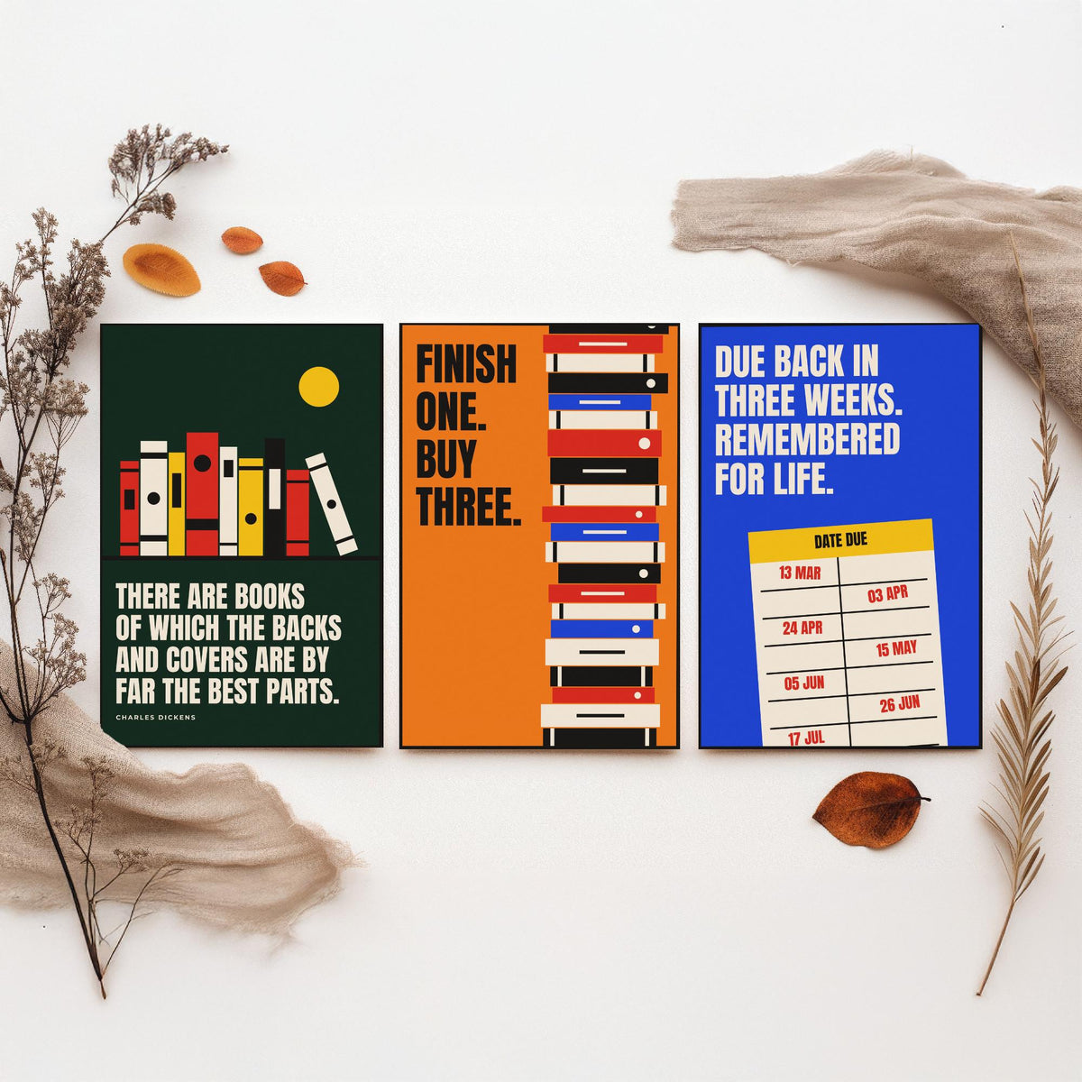 Reading Quotes Set of Three Art Prints - 3 Bauhaus Book Lover Posters - Minimalist Library Wall Art Illustration V1