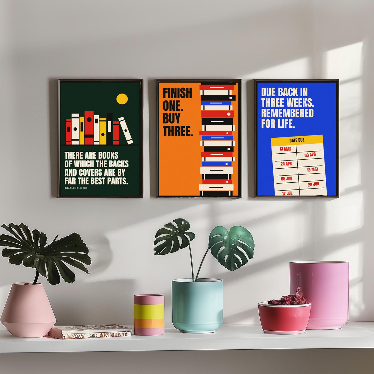 Reading Quotes Set of Three Art Prints - 3 Bauhaus Book Lover Posters - Minimalist Library Wall Art Illustration V1