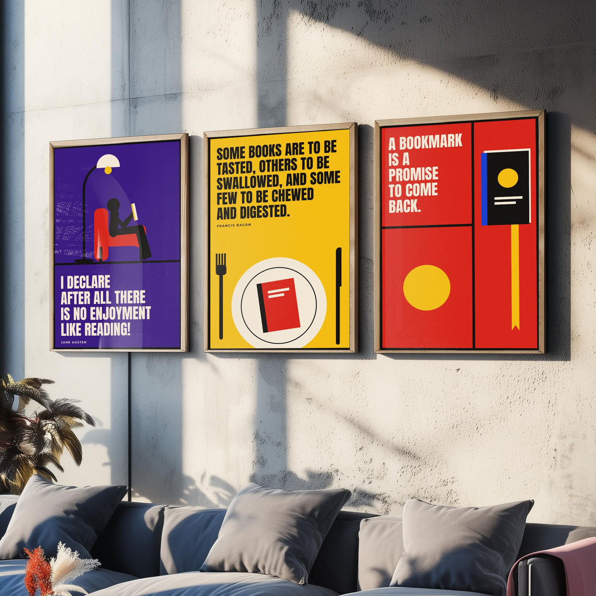 Reading Quotes Set of Three Art Prints - 3 Retro Bauhaus Book Lover Posters - Minimalist Library Wall Art Illustration V2