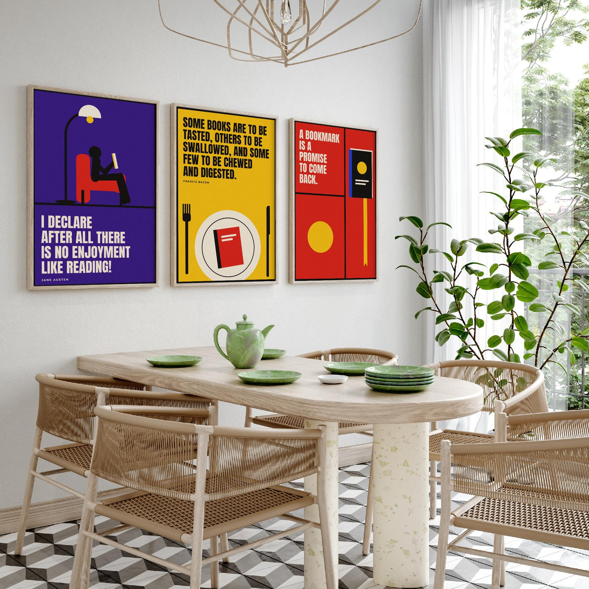 Reading Quotes Set of Three Art Prints - 3 Retro Bauhaus Book Lover Posters - Minimalist Library Wall Art Illustration V2