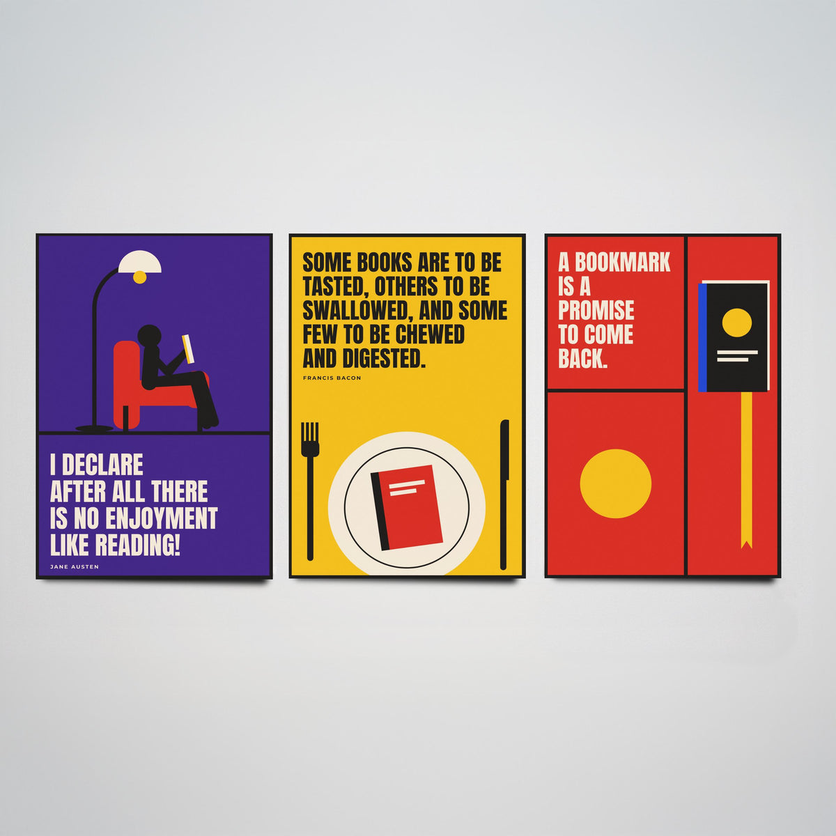 Reading Quotes Set of Three Art Prints - 3 Retro Bauhaus Book Lover Posters - Minimalist Library Wall Art Illustration V2