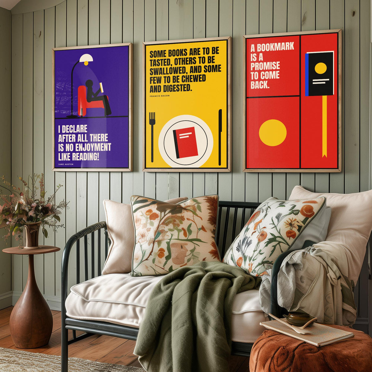 Reading Quotes Set of Three Art Prints - 3 Retro Bauhaus Book Lover Posters - Minimalist Library Wall Art Illustration V2