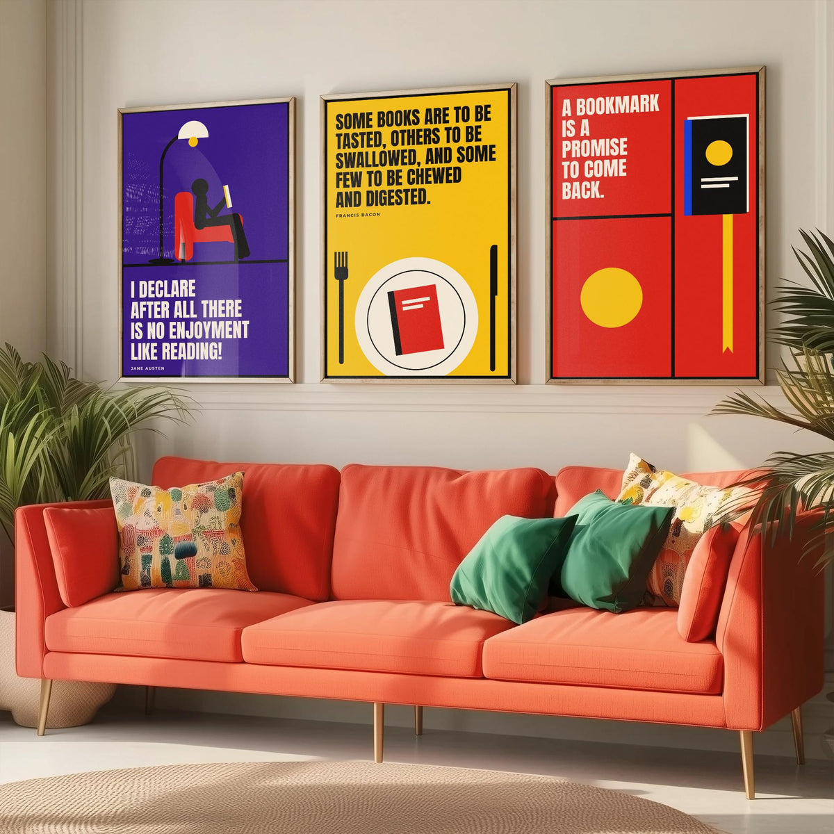 Reading Quotes Set of Three Art Prints - 3 Retro Bauhaus Book Lover Posters - Minimalist Library Wall Art Illustration V2