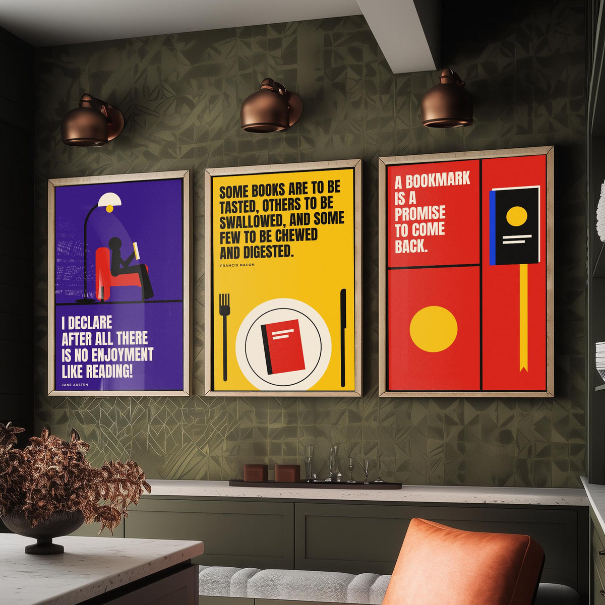 Reading Quotes Set of Three Art Prints - 3 Retro Bauhaus Book Lover Posters - Minimalist Library Wall Art Illustration V2