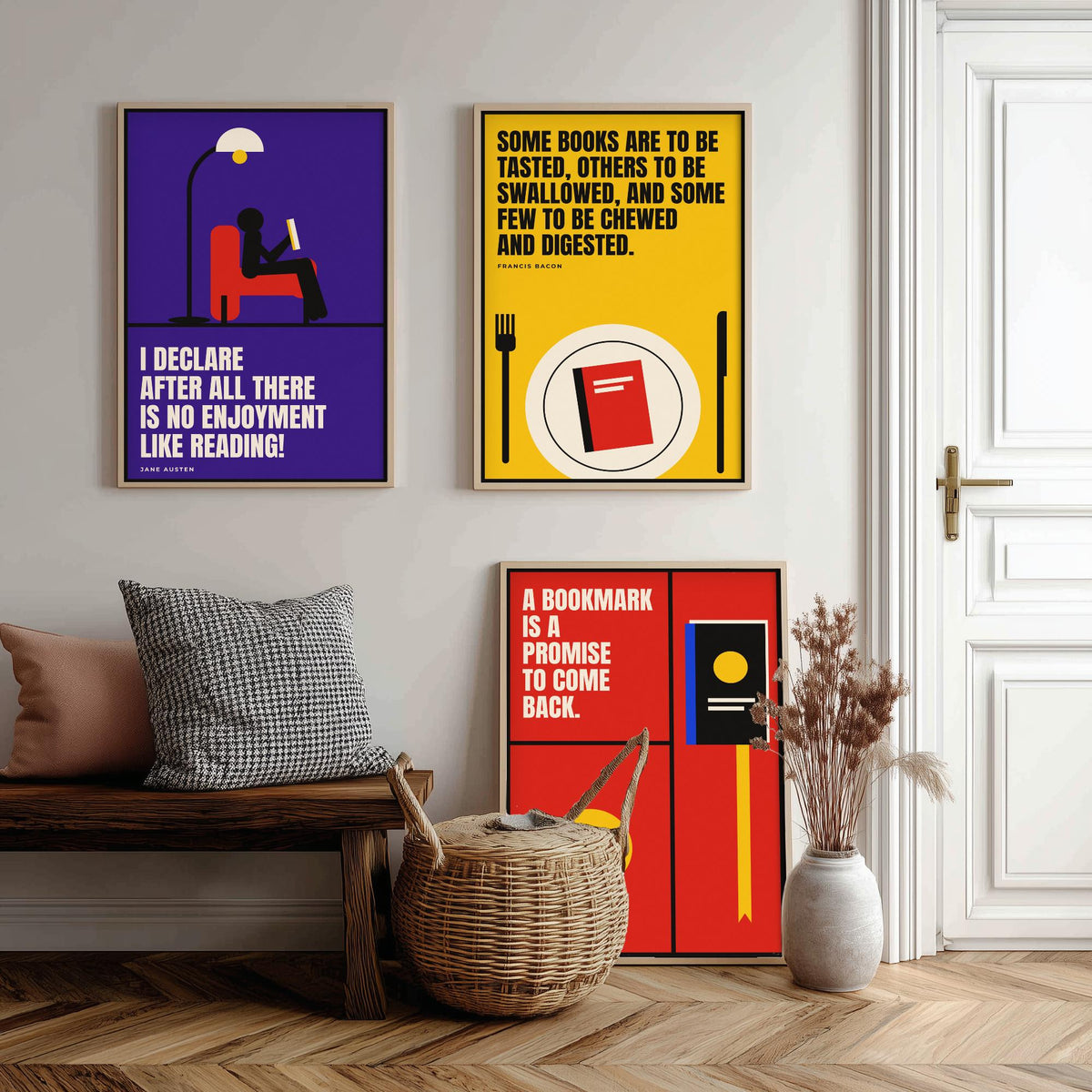 Reading Quotes Set of Three Art Prints - 3 Retro Bauhaus Book Lover Posters - Minimalist Library Wall Art Illustration V2