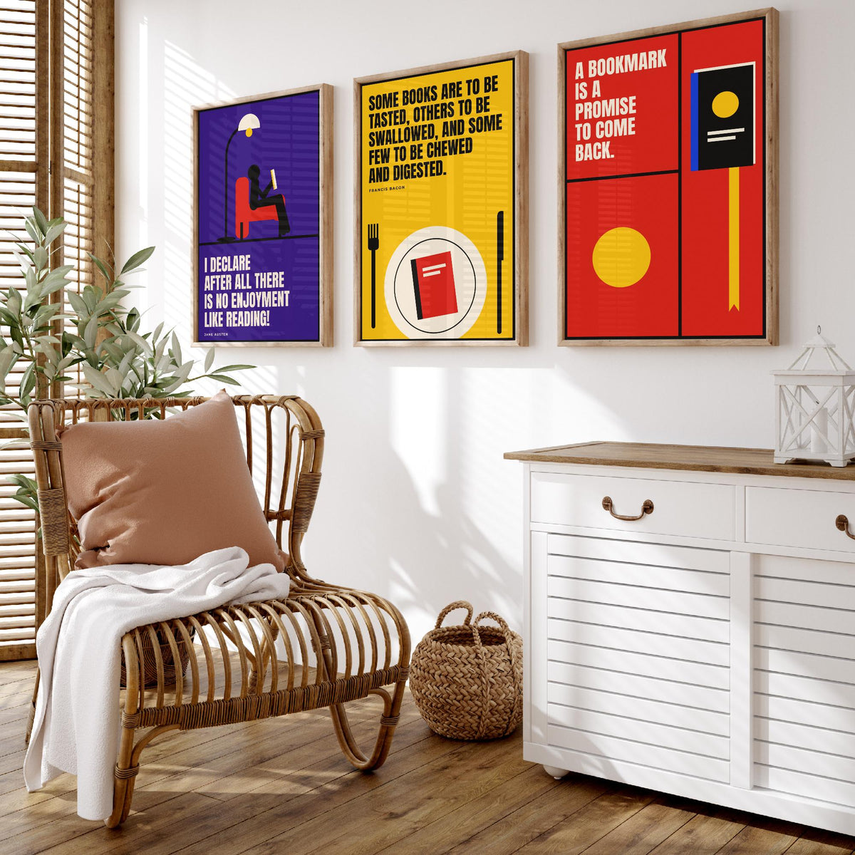 Reading Quotes Set of Three Art Prints - 3 Retro Bauhaus Book Lover Posters - Minimalist Library Wall Art Illustration V2