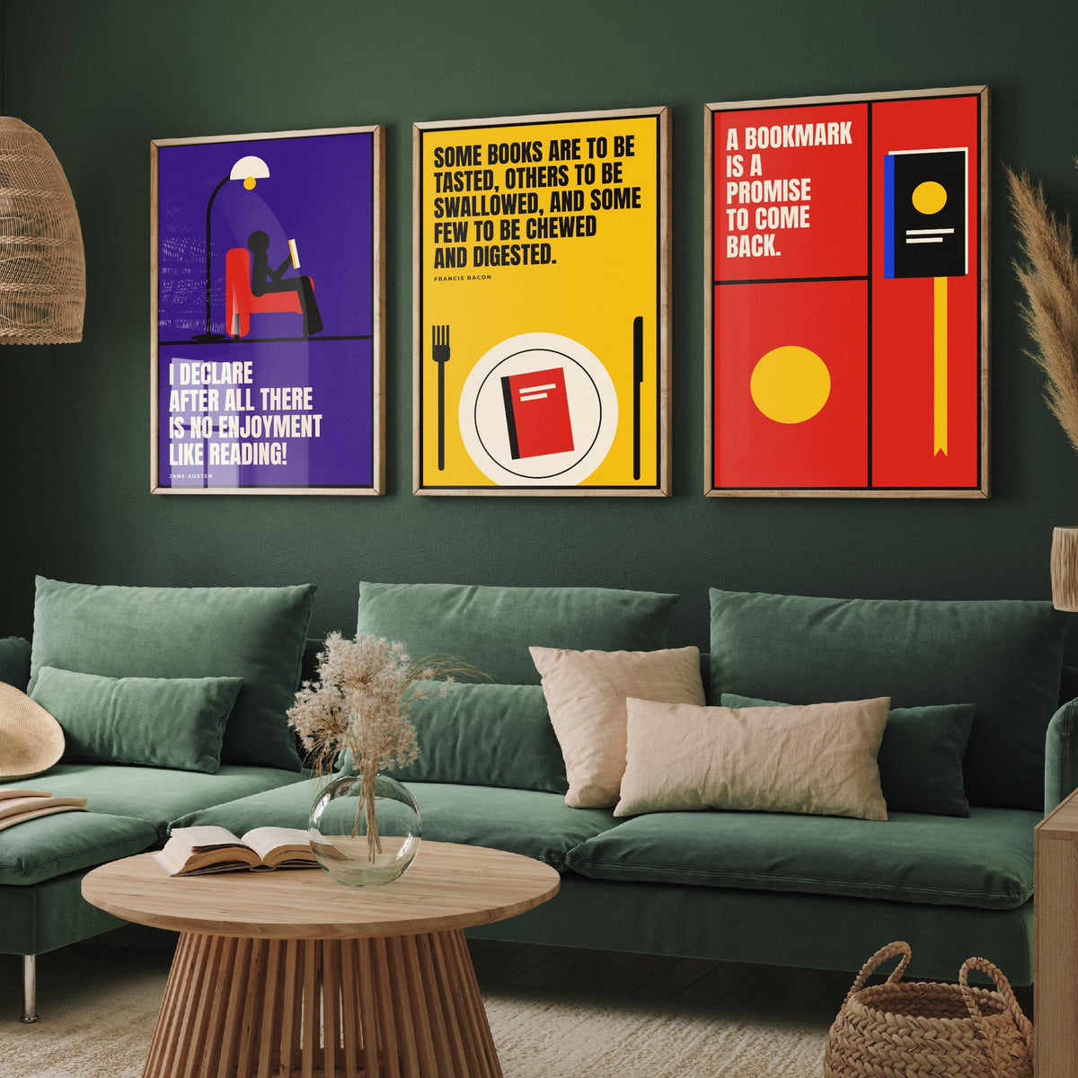 Reading Quotes Set of Three Art Prints - 3 Retro Bauhaus Book Lover Posters - Minimalist Library Wall Art Illustration V2