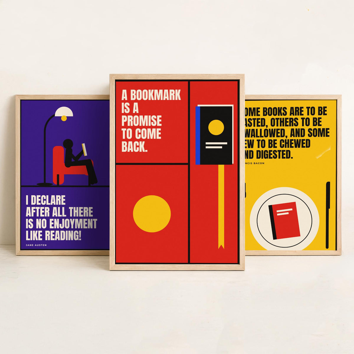 Reading Quotes Set of Three Art Prints - 3 Retro Bauhaus Book Lover Posters - Minimalist Library Wall Art Illustration V2