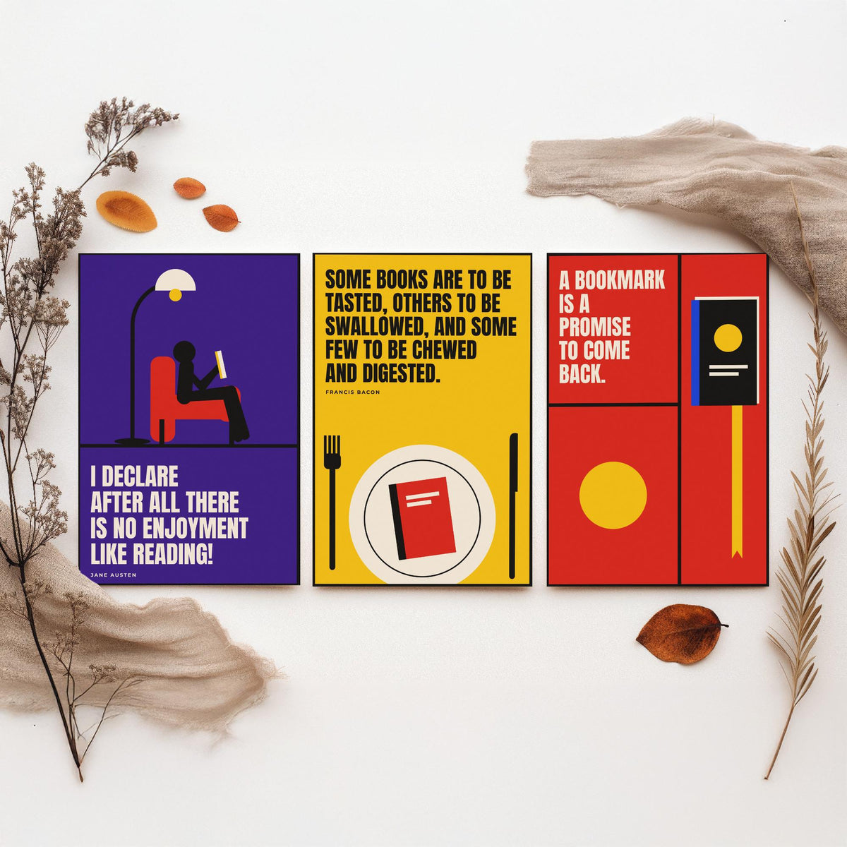 Reading Quotes Set of Three Art Prints - 3 Retro Bauhaus Book Lover Posters - Minimalist Library Wall Art Illustration V2
