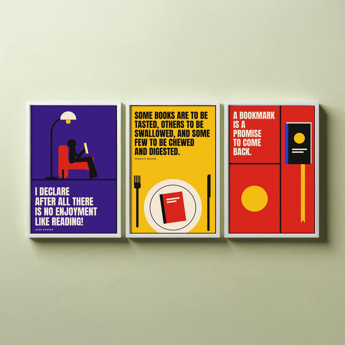 Reading Quotes Set of Three Art Prints - 3 Retro Bauhaus Book Lover Posters - Minimalist Library Wall Art Illustration V2
