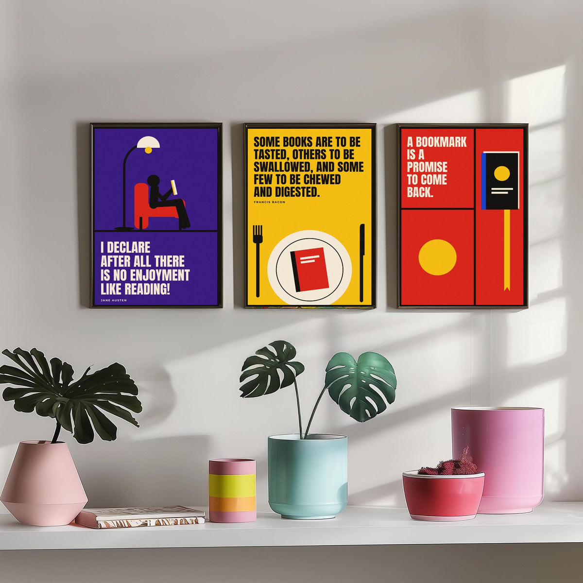 Reading Quotes Set of Three Art Prints - 3 Retro Bauhaus Book Lover Posters - Minimalist Library Wall Art Illustration V2