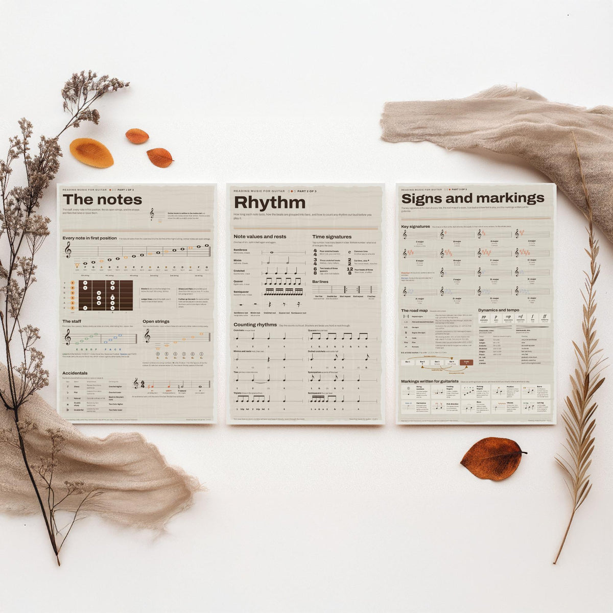 Reading Music for Guitar Set of Three Art Prints - The Notes, Rhythm, Signs and Markings - Music Notation Infographic Poster Illustration