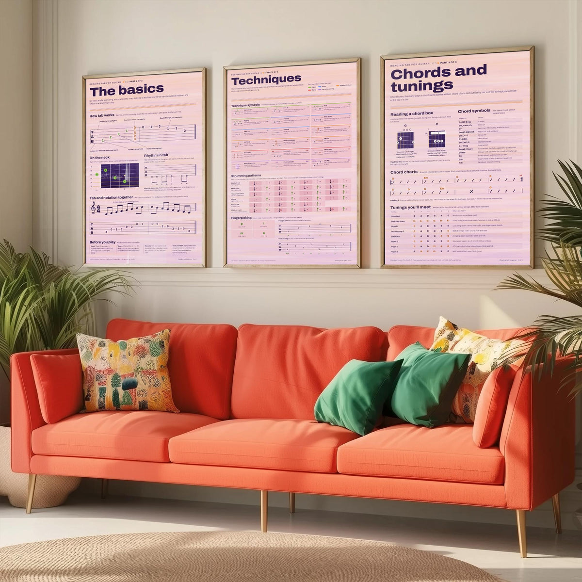 Reading Guitar Tab Set of Three Art Prints - The Basics, Techniques, Chords and Tunings - Guitar Lesson Infographic Poster Illustration