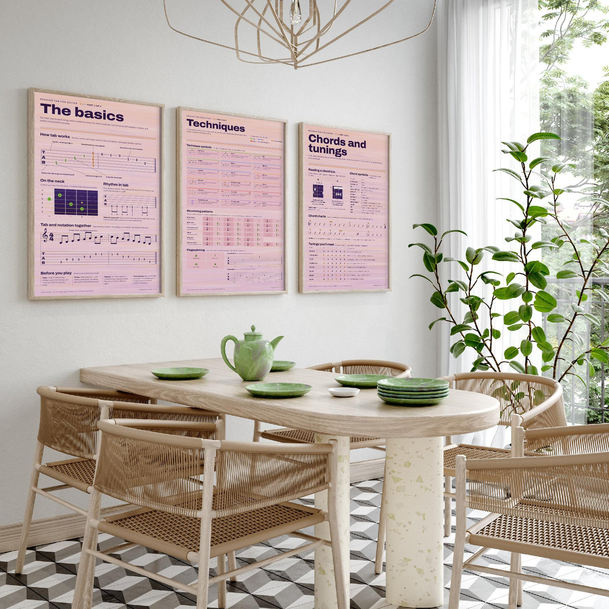 Reading Guitar Tab Set of Three Art Prints - The Basics, Techniques, Chords and Tunings - Guitar Lesson Infographic Poster Illustration
