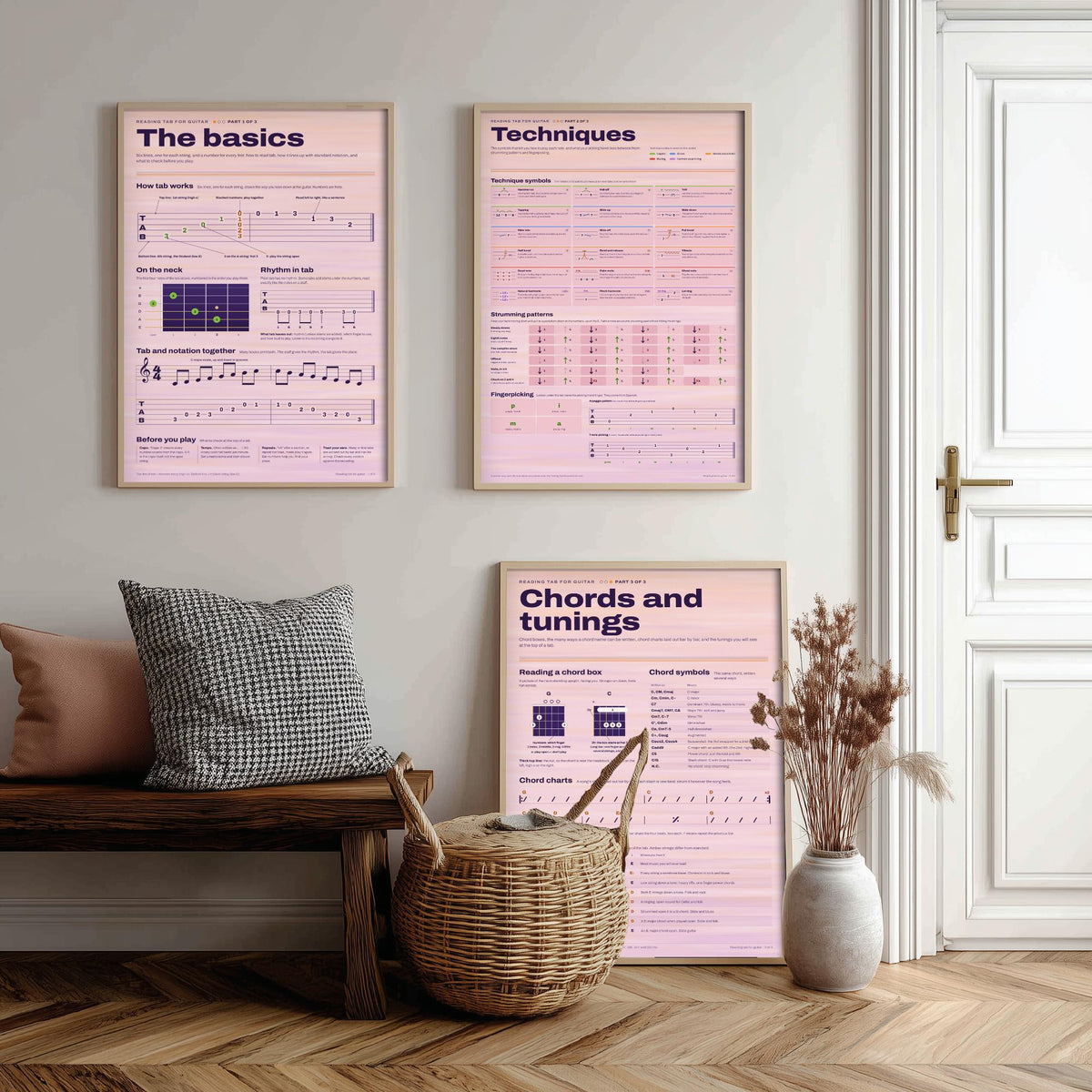 Reading Guitar Tab Set of Three Art Prints - The Basics, Techniques, Chords and Tunings - Guitar Lesson Infographic Poster Illustration