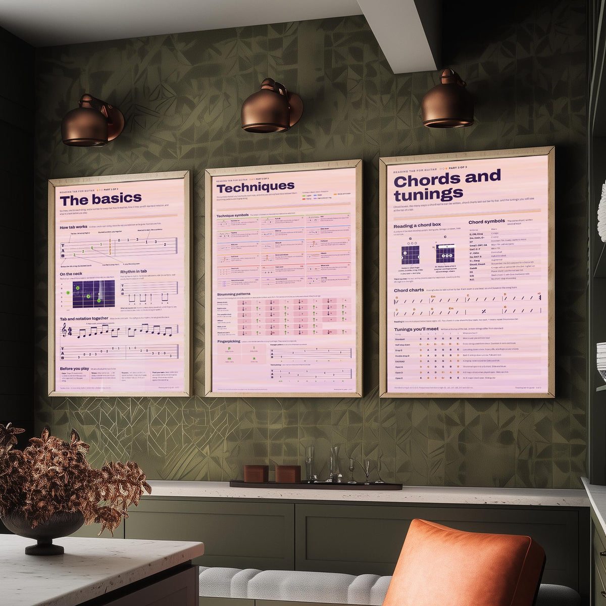 Reading Guitar Tab Set of Three Art Prints - The Basics, Techniques, Chords and Tunings - Guitar Lesson Infographic Poster Illustration