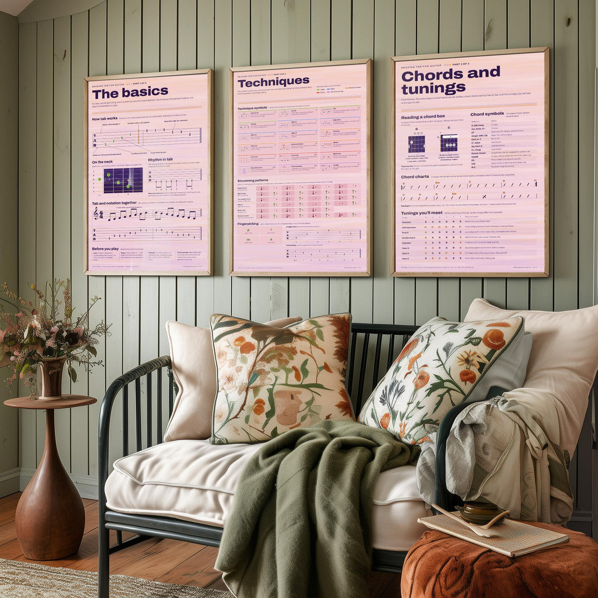 Reading Guitar Tab Set of Three Art Prints - The Basics, Techniques, Chords and Tunings - Guitar Lesson Infographic Poster Illustration
