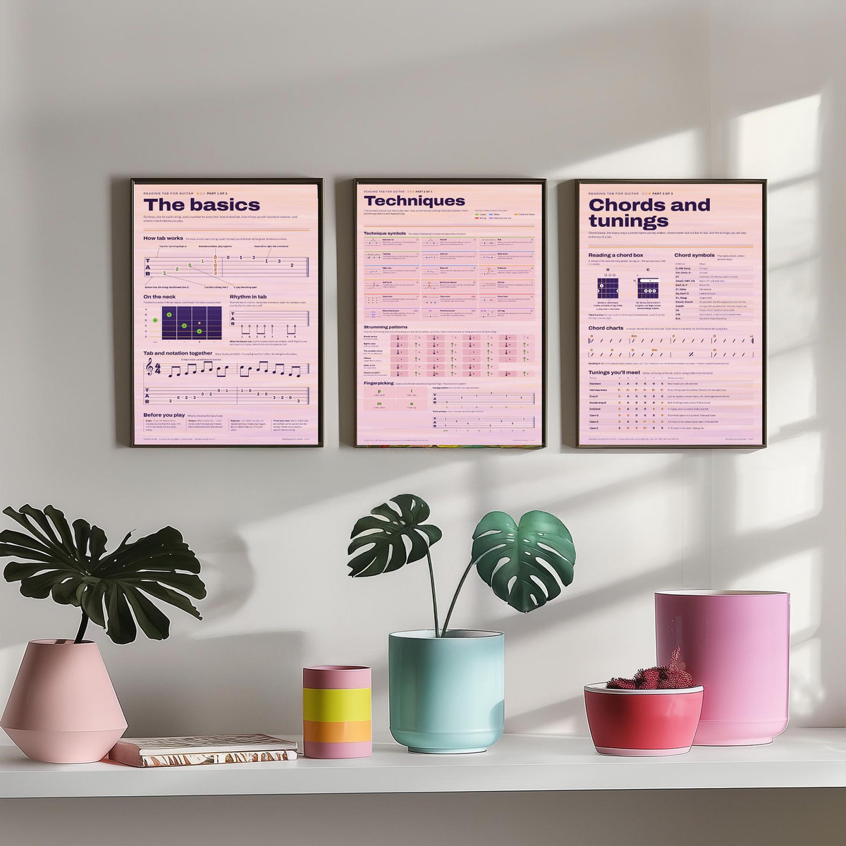 Reading Guitar Tab Set of Three Art Prints - The Basics, Techniques, Chords and Tunings - Guitar Lesson Infographic Poster Illustration