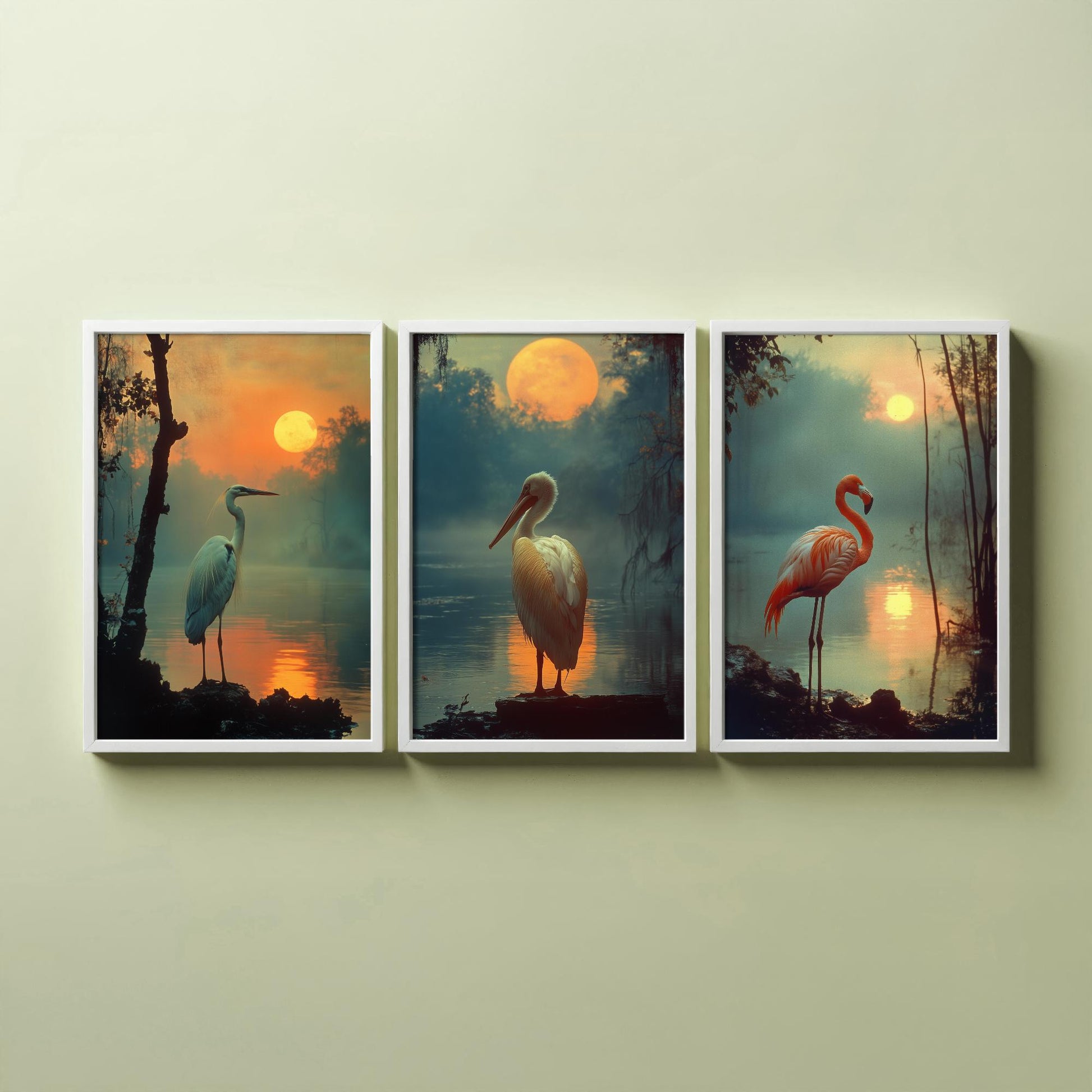 Sunset Birds Set of Three Art Prints - 3 Great Blue Heron White Pelican Flamingo Posters - Moody Wetland Photo Wall Decor Gift