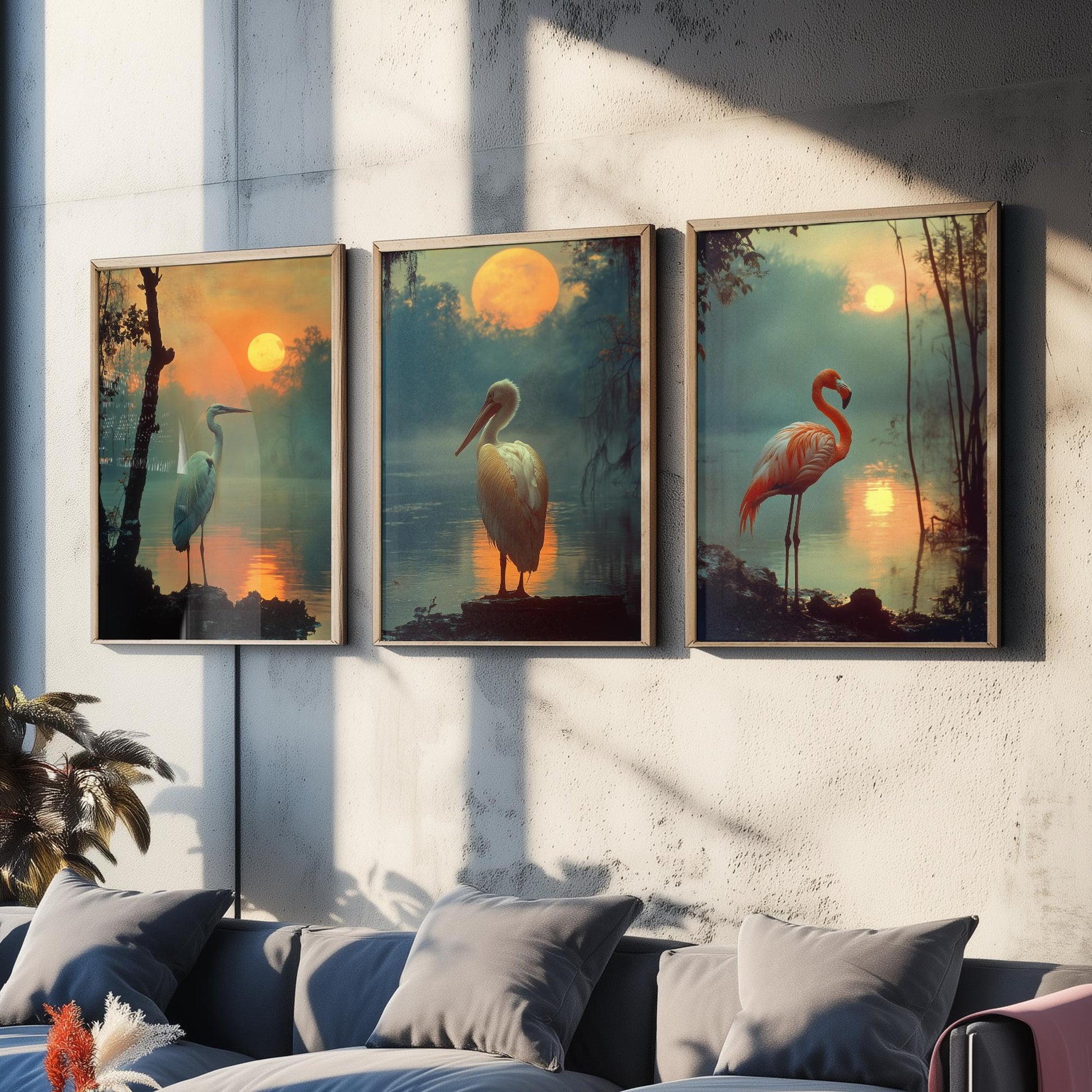 Sunset Birds Set of Three Art Prints - 3 Great Blue Heron White Pelican Flamingo Posters - Moody Wetland Photo Wall Decor Gift