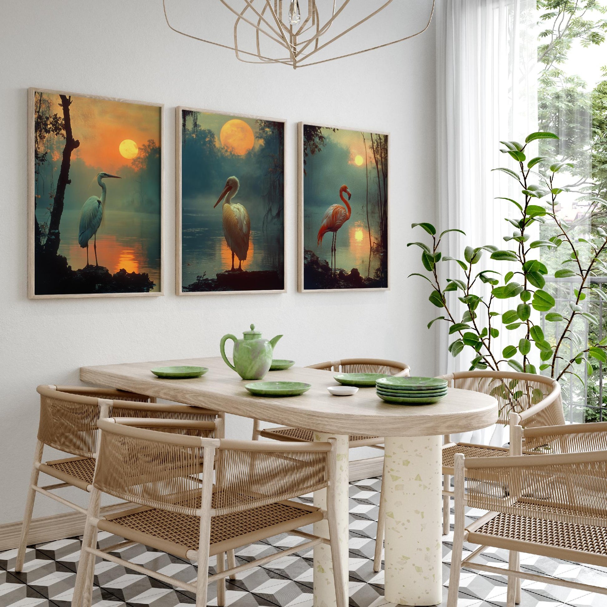 Sunset Birds Set of Three Art Prints - 3 Great Blue Heron White Pelican Flamingo Posters - Moody Wetland Photo Wall Decor Gift