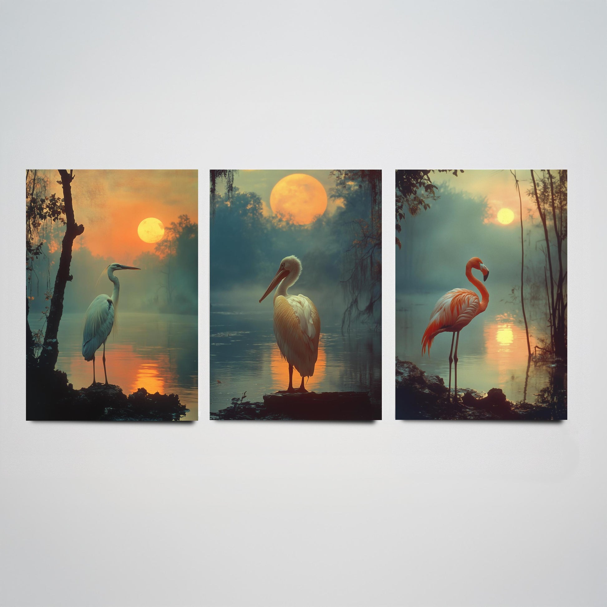 Sunset Birds Set of Three Art Prints - 3 Great Blue Heron White Pelican Flamingo Posters - Moody Wetland Photo Wall Decor Gift