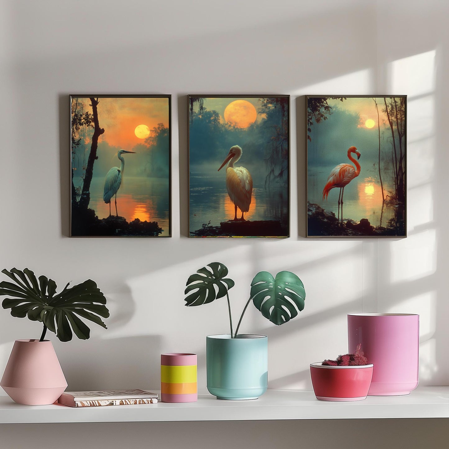 Sunset Birds Set of Three Art Prints - 3 Great Blue Heron White Pelican Flamingo Posters - Moody Wetland Photo Wall Decor Gift