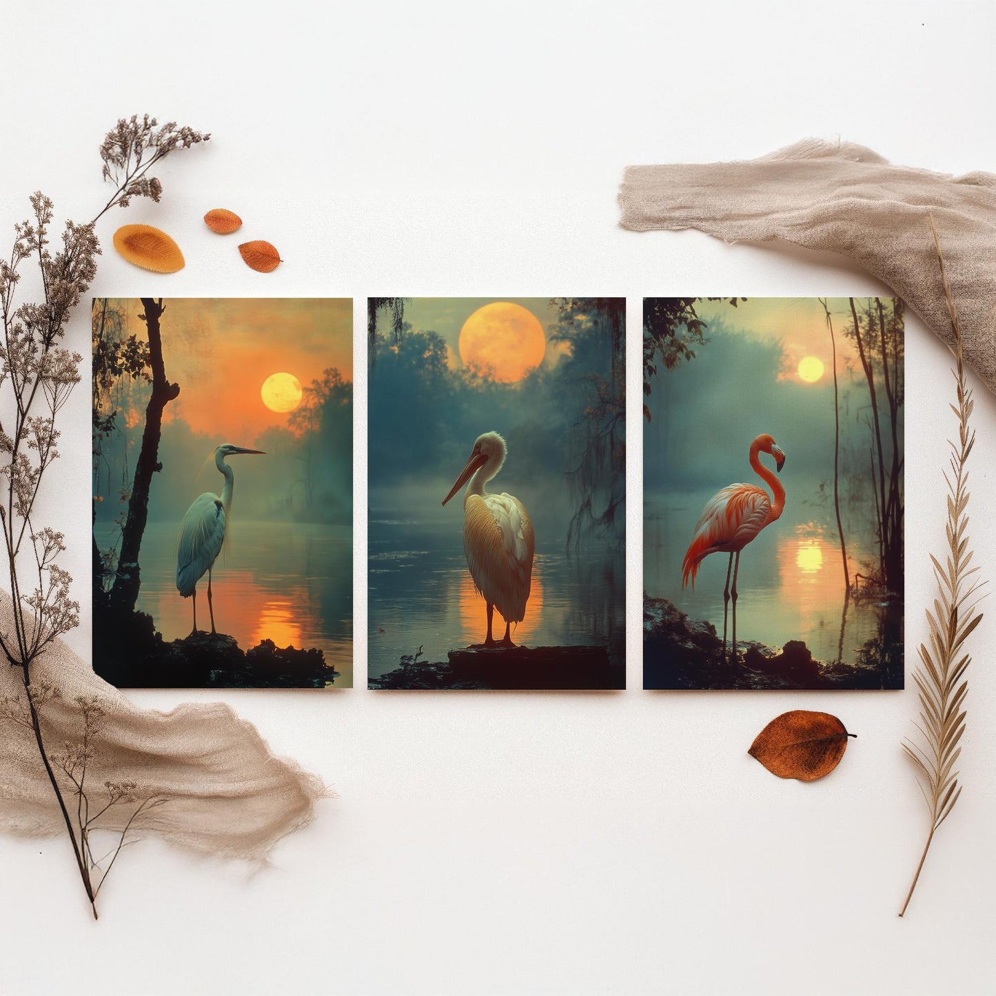 Sunset Birds Set of Three Art Prints - 3 Great Blue Heron White Pelican Flamingo Posters - Moody Wetland Photo Wall Decor Gift