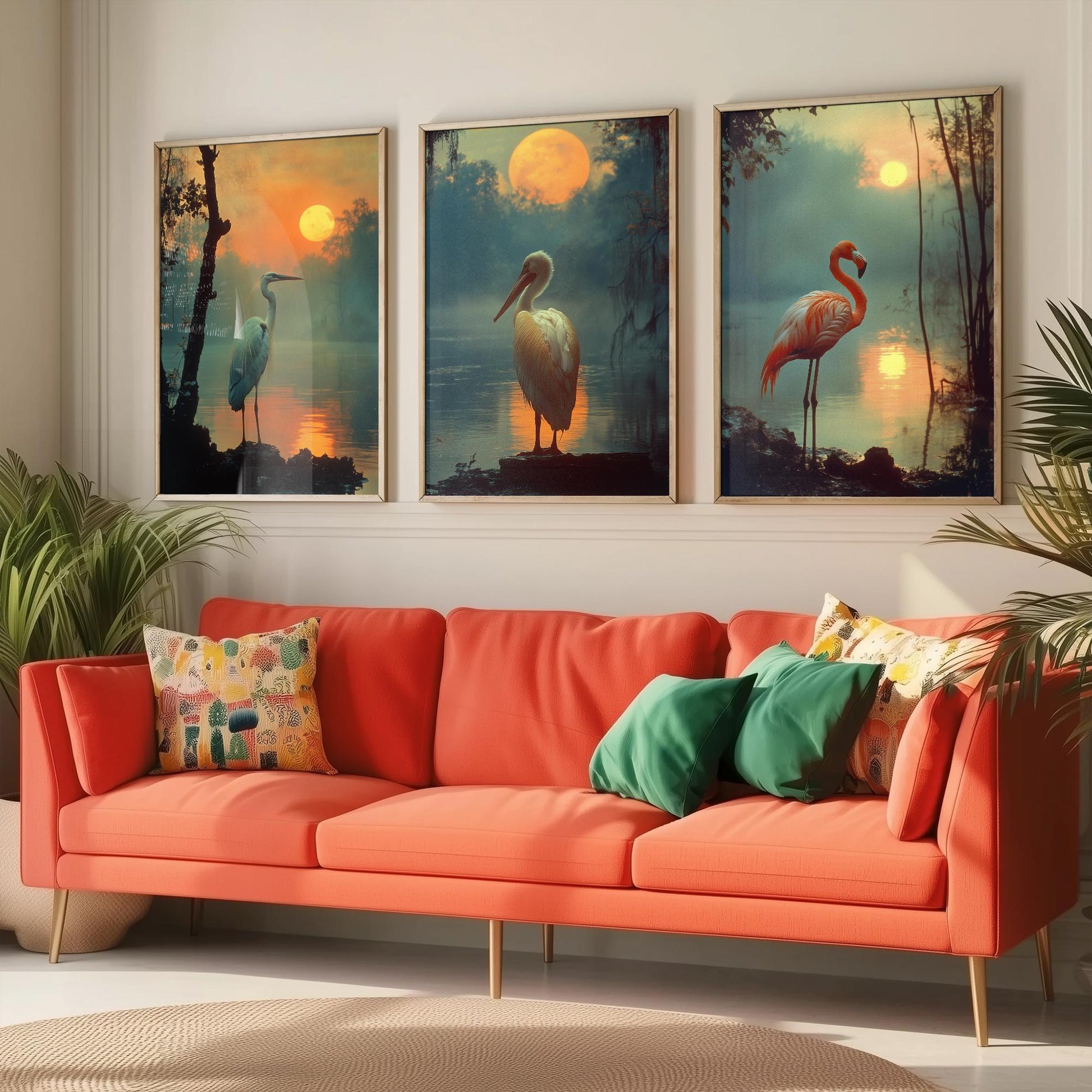 Sunset Birds Set of Three Art Prints - 3 Great Blue Heron White Pelican Flamingo Posters - Moody Wetland Photo Wall Decor Gift