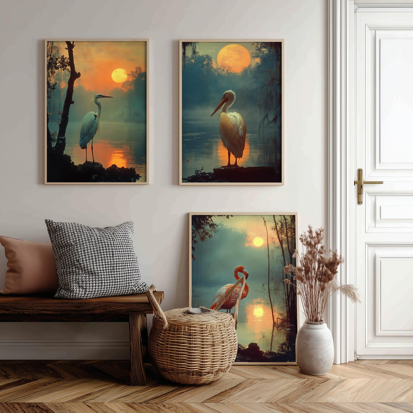 Sunset Birds Set of Three Art Prints - 3 Great Blue Heron White Pelican Flamingo Posters - Moody Wetland Photo Wall Decor Gift