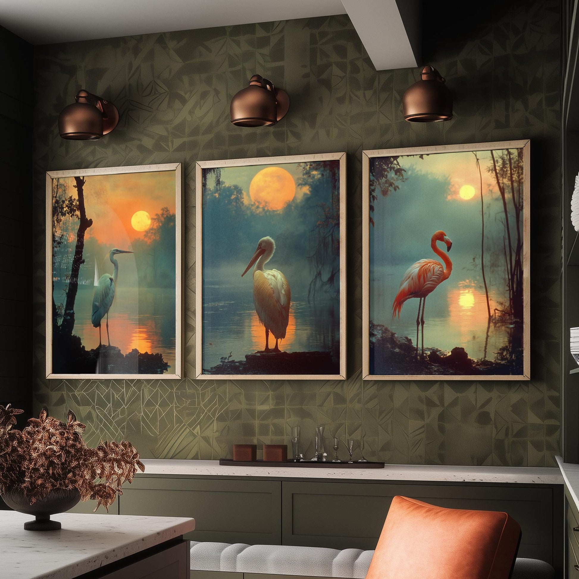 Sunset Birds Set of Three Art Prints - 3 Great Blue Heron White Pelican Flamingo Posters - Moody Wetland Photo Wall Decor Gift