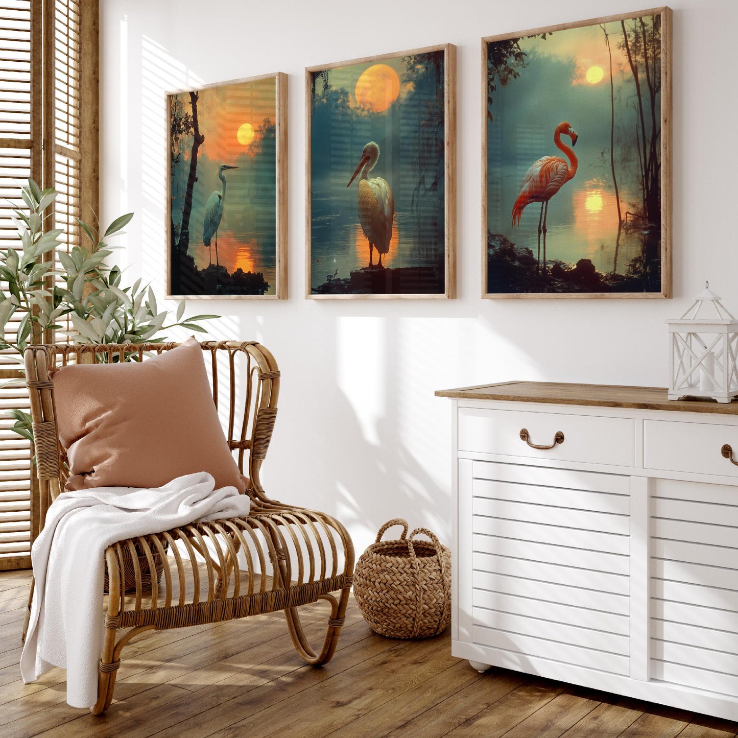 Sunset Birds Set of Three Art Prints - 3 Great Blue Heron White Pelican Flamingo Posters - Moody Wetland Photo Wall Decor Gift