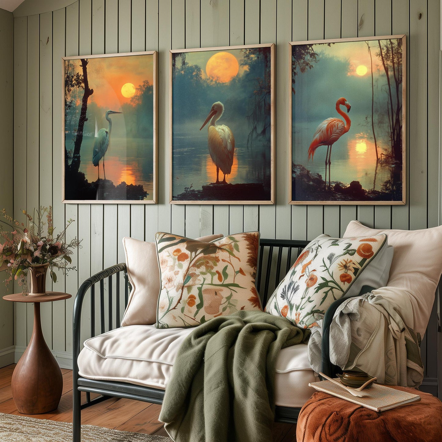 Sunset Birds Set of Three Art Prints - 3 Great Blue Heron White Pelican Flamingo Posters - Moody Wetland Photo Wall Decor Gift