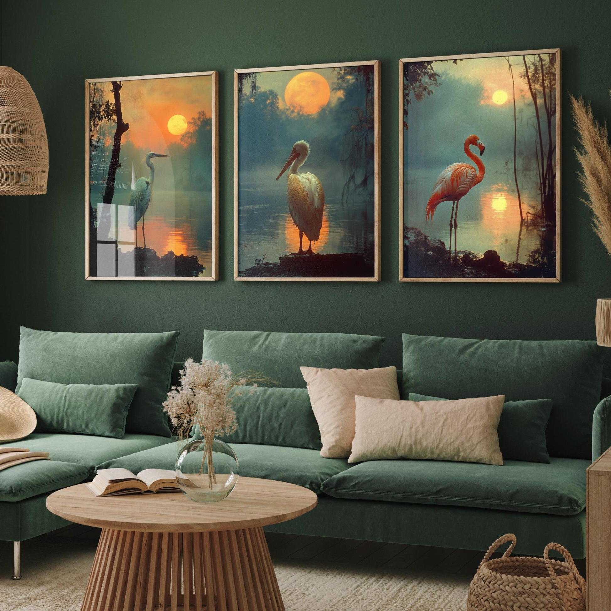 Sunset Birds Set of Three Art Prints - 3 Great Blue Heron White Pelican Flamingo Posters - Moody Wetland Photo Wall Decor Gift