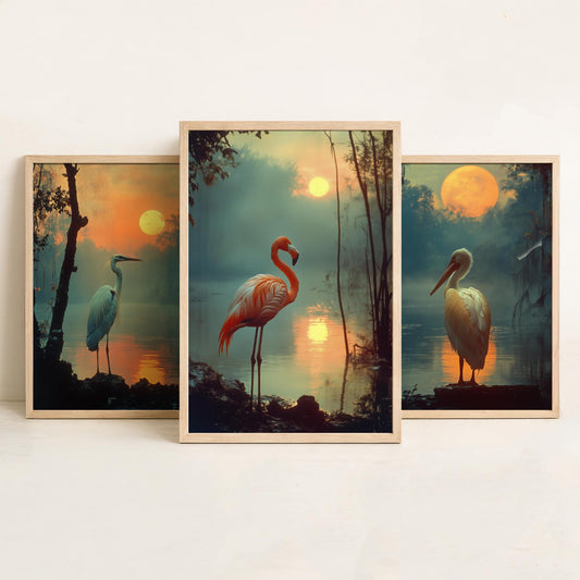 Sunset Birds Set of Three Art Prints - 3 Great Blue Heron White Pelican Flamingo Posters - Moody Wetland Photo Wall Decor Gift