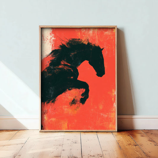 Black Horse Art Print - Rearing Stallion Poster - Scarlet Screen Print Style Illustration - Red Felt 1/3