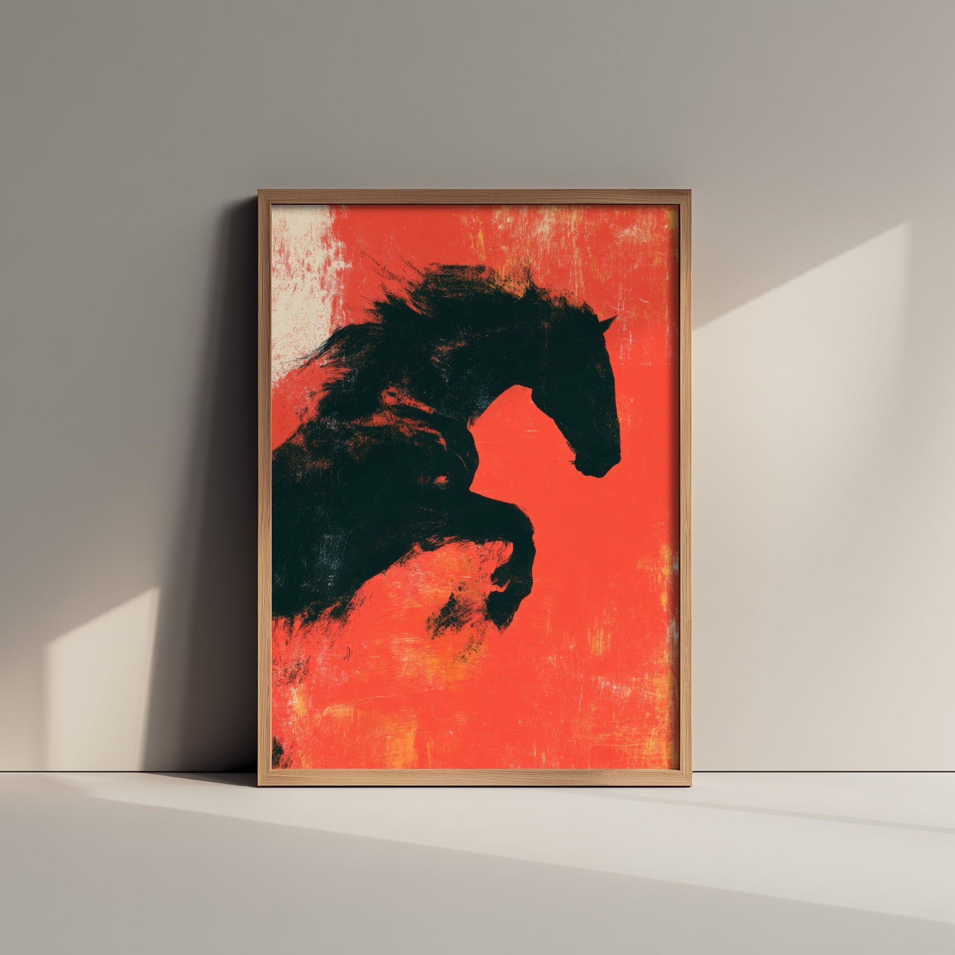 Black Horse Art Print - Rearing Stallion Poster - Scarlet Screen Print Style Illustration - Red Felt 1/3