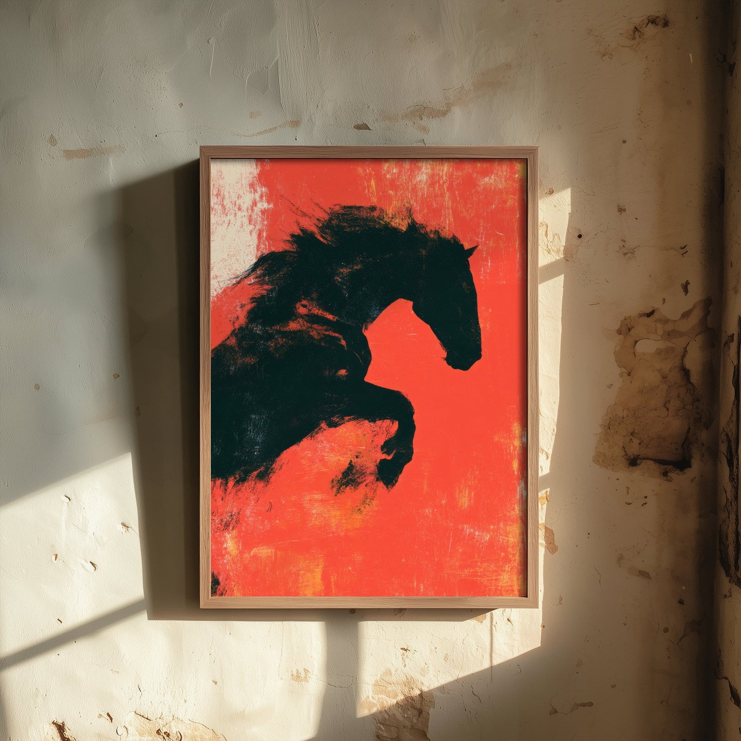 Black Horse Art Print - Rearing Stallion Poster - Scarlet Screen Print Style Illustration - Red Felt 1/3