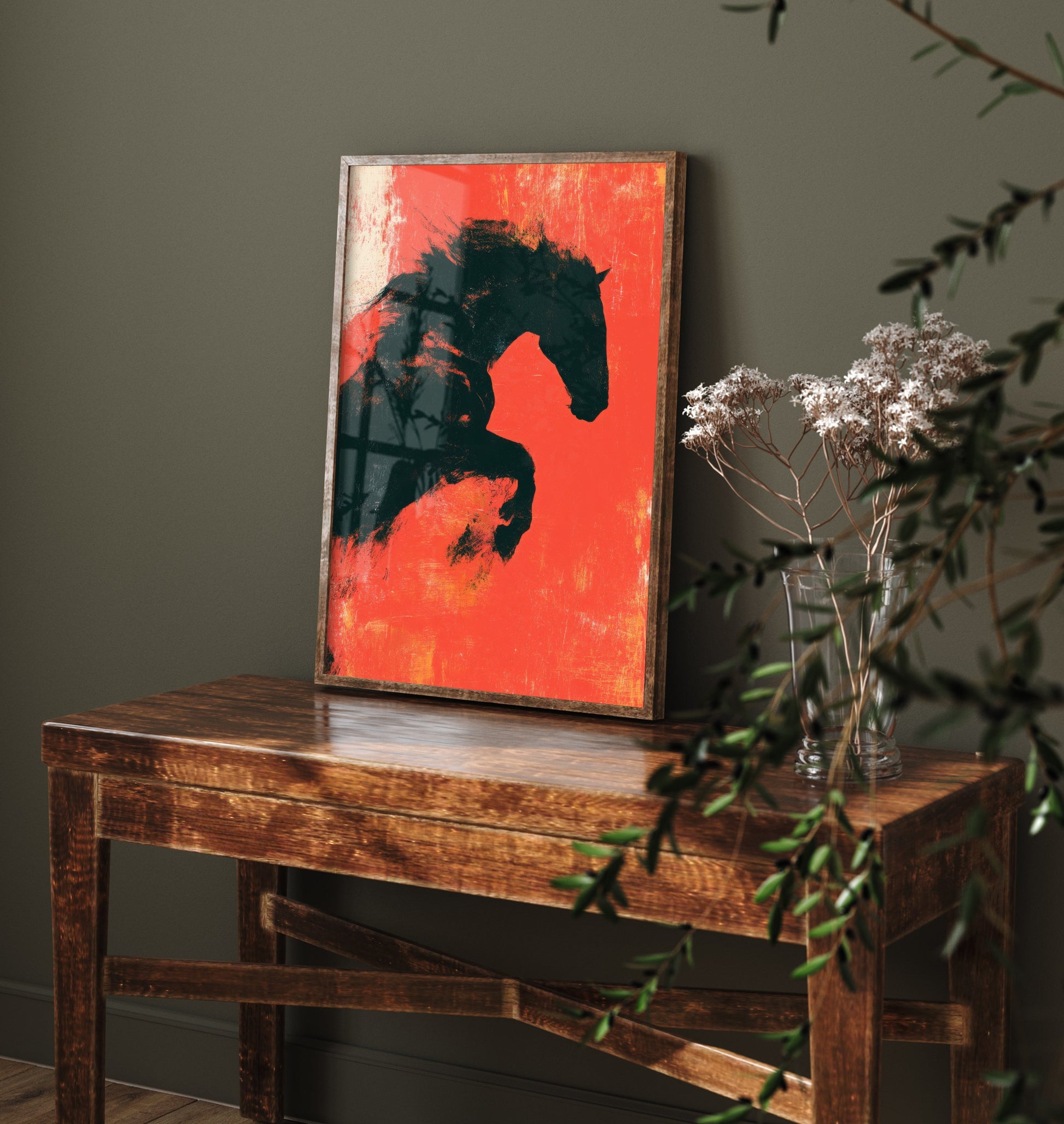 Black Horse Art Print - Rearing Stallion Poster - Scarlet Screen Print Style Illustration - Red Felt 1/3