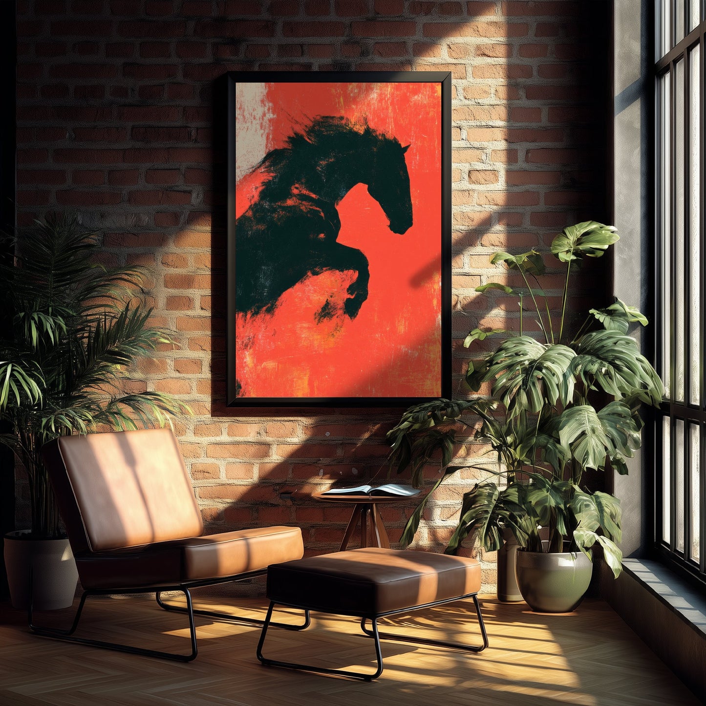 Black Horse Art Print - Rearing Stallion Poster - Scarlet Screen Print Style Illustration - Red Felt 1/3