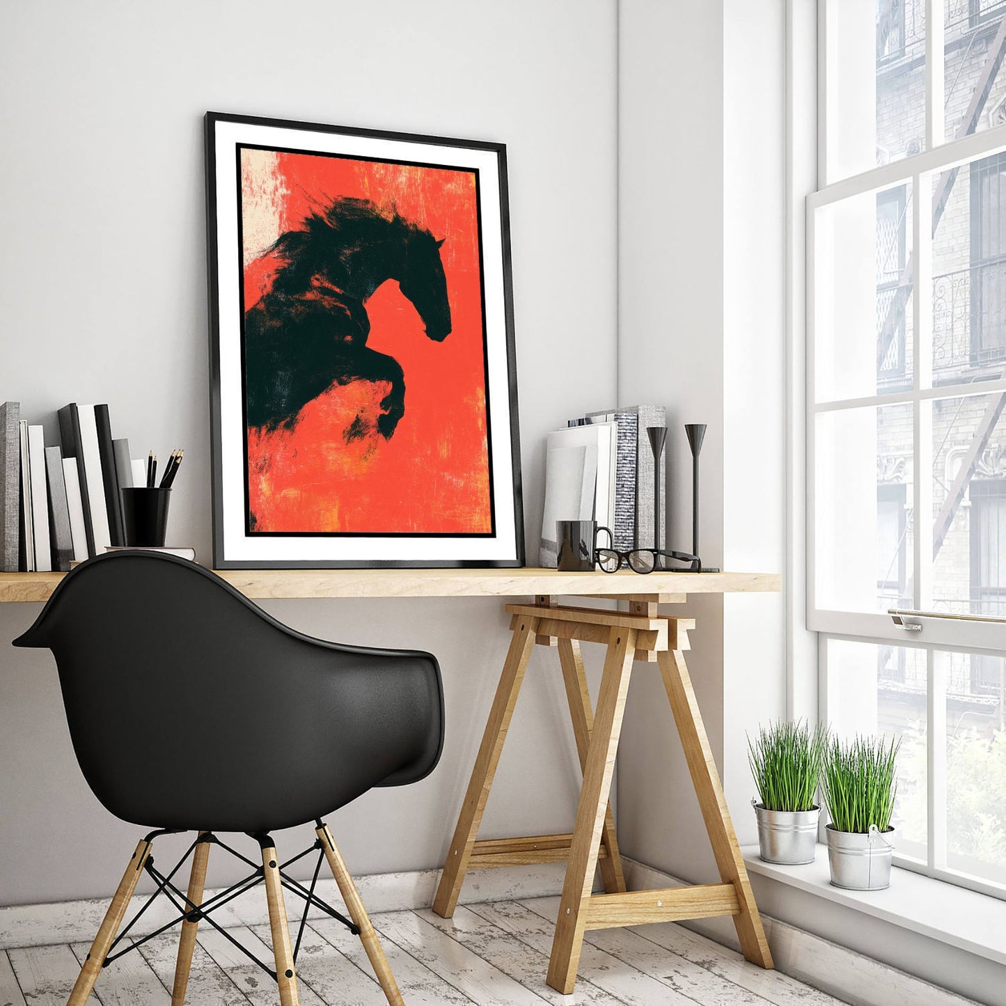 Black Horse Art Print - Rearing Stallion Poster - Scarlet Screen Print Style Illustration - Red Felt 1/3