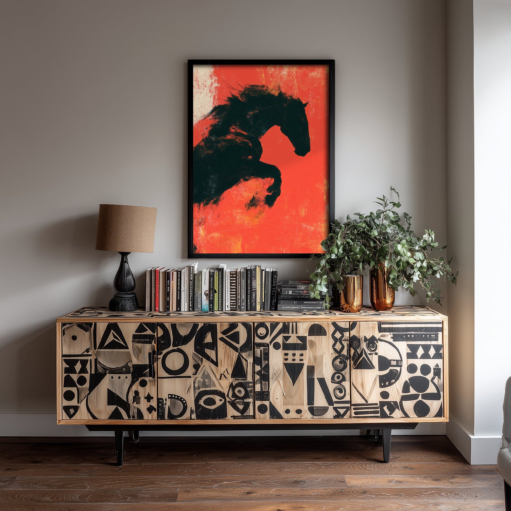 Black Horse Art Print - Rearing Stallion Poster - Scarlet Screen Print Style Illustration - Red Felt 1/3