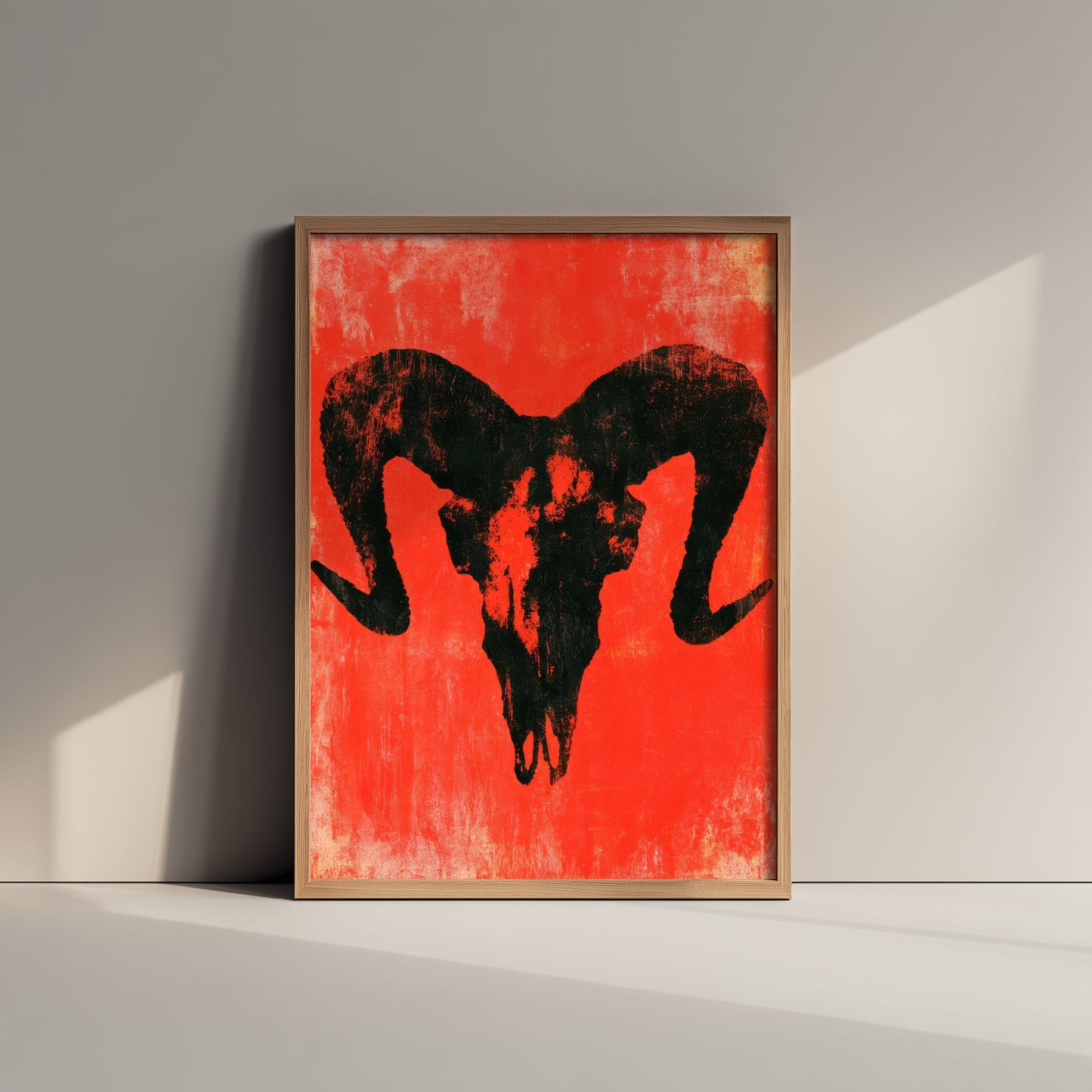 Ram Skull Art Print - Horned Skull Poster - Scarlet Screen Print Style Gothic Illustration - Red Felt 2/3