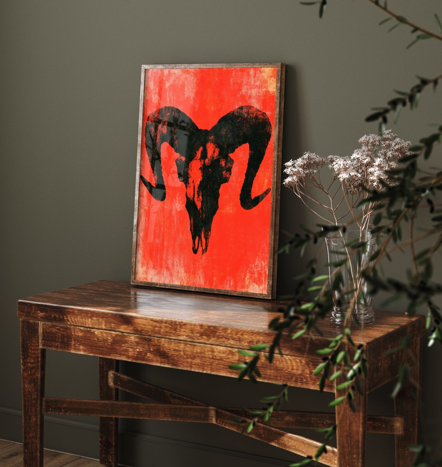 Ram Skull Art Print - Horned Skull Poster - Scarlet Screen Print Style Gothic Illustration - Red Felt 2/3