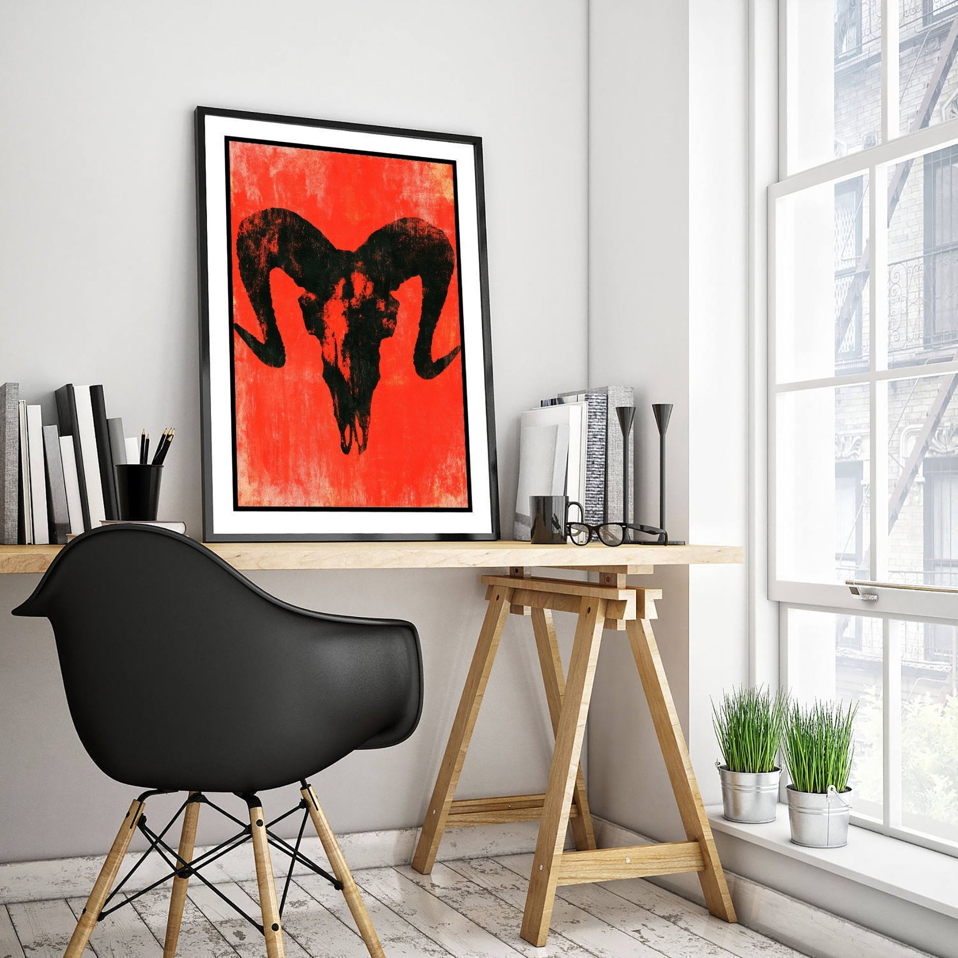 Ram Skull Art Print - Horned Skull Poster - Scarlet Screen Print Style Gothic Illustration - Red Felt 2/3