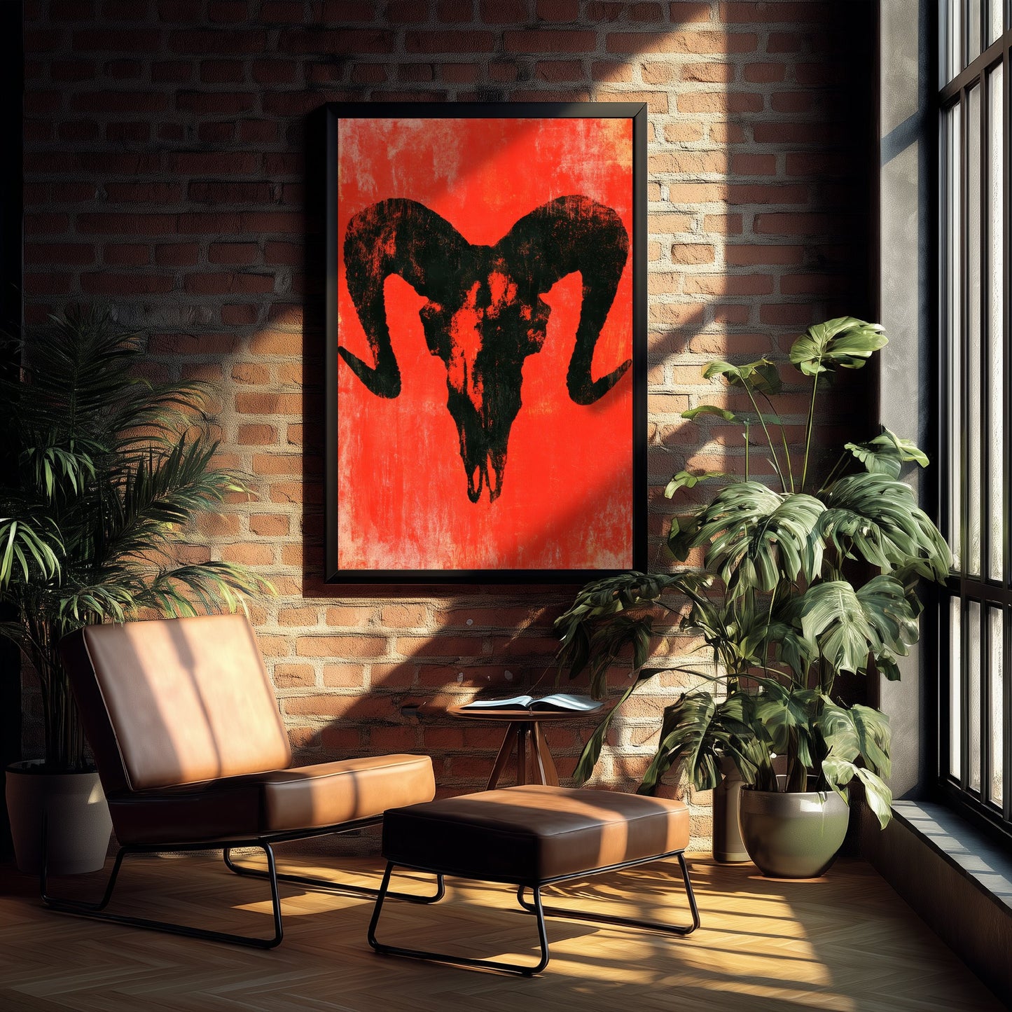 Ram Skull Art Print - Horned Skull Poster - Scarlet Screen Print Style Gothic Illustration - Red Felt 2/3