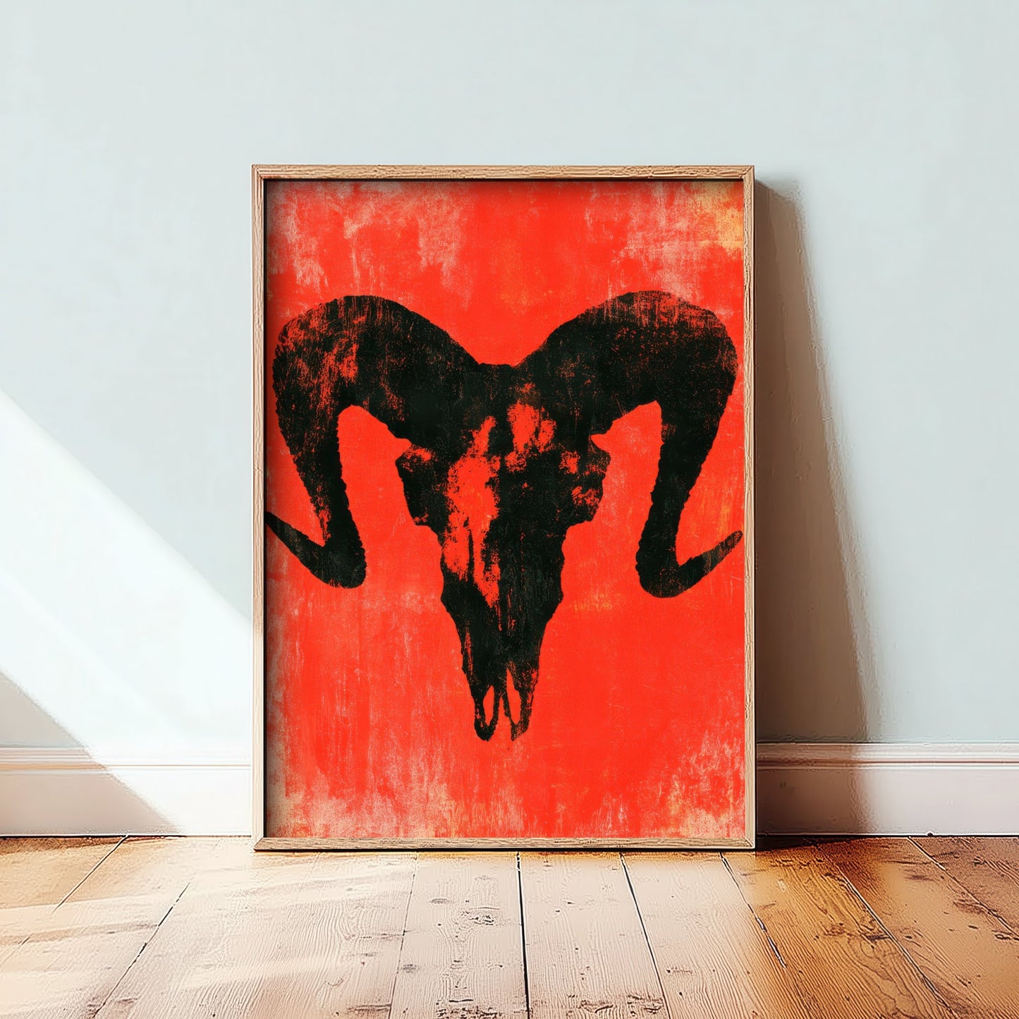 Ram Skull Art Print - Horned Skull Poster - Scarlet Screen Print Style Gothic Illustration - Red Felt 2/3