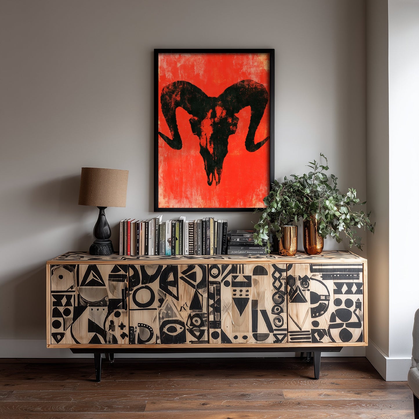 Ram Skull Art Print - Horned Skull Poster - Scarlet Screen Print Style Gothic Illustration - Red Felt 2/3