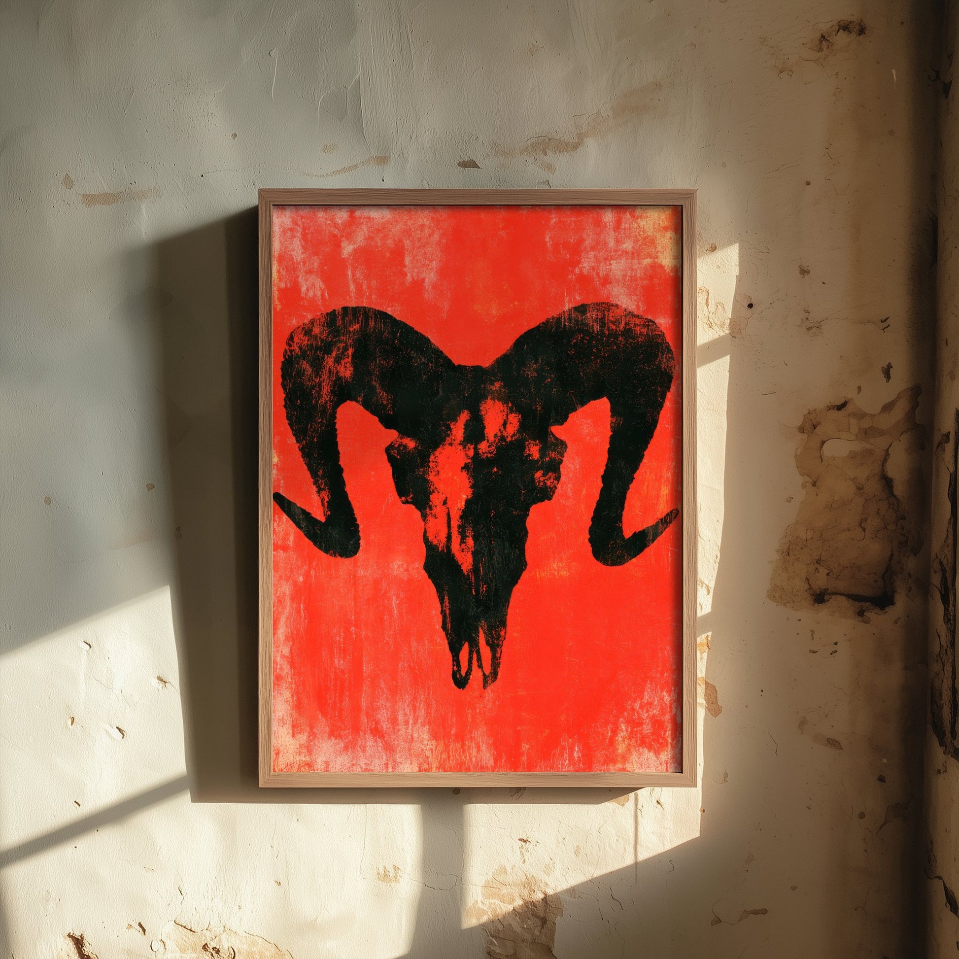 Ram Skull Art Print - Horned Skull Poster - Scarlet Screen Print Style Gothic Illustration - Red Felt 2/3